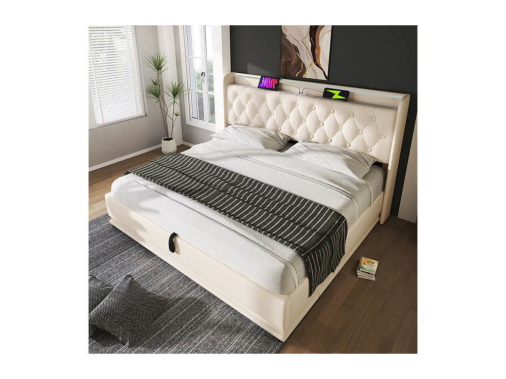 Hydraulisch gestoffeerd bed 180x200 cm met hoofdsteun en USB type-C oplaadfunctie, tweepersoonsbed PU wit