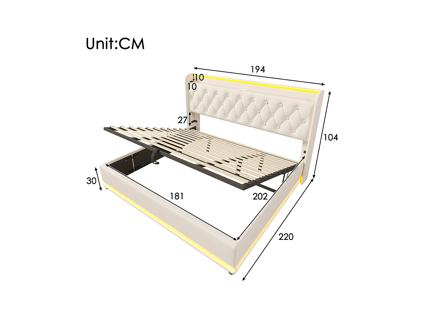 Hydraulisch gestoffeerd bed 180x200 cm met hoofdsteun en USB type-C oplaadfunctie, tweepersoonsbed PU wit