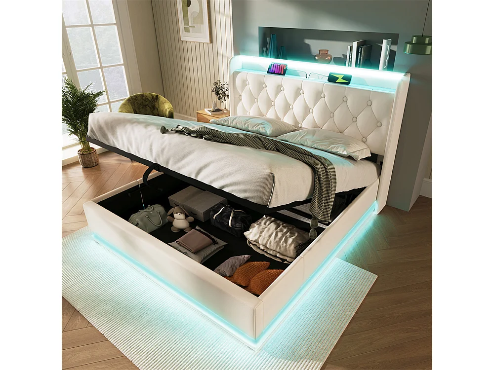 Hydraulisch gestoffeerd bed 180x200 cm met hoofdsteun en USB type-C oplaadfunctie, tweepersoonsbed PU wit