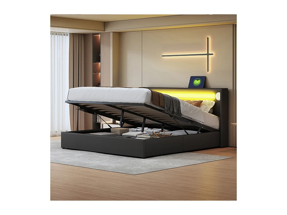 Gestoffeerd bed 160x200 cm lattenbodem bed LED-lichtbalk bed Bluetooth-speler en USB-oplader tweepersoonsbed zwart PU-leer
