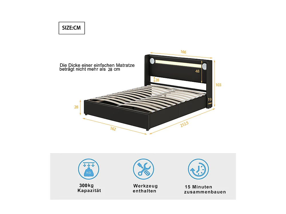 Gestoffeerd bed 160x200 cm lattenbodem bed LED-lichtbalk bed Bluetooth-speler en USB-oplader tweepersoonsbed zwart PU-leer