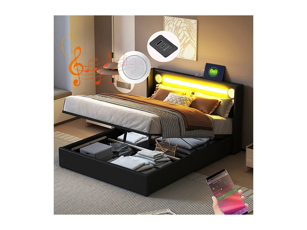 Gestoffeerd bed 160x200 cm lattenbodem bed LED-lichtbalk bed Bluetooth-speler en USB-oplader tweepersoonsbed zwart PU-leer