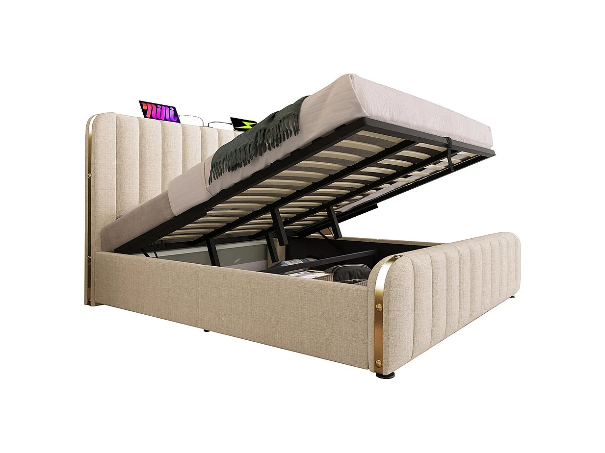 Hydraulisch gestoffeerd bed 180x200 cm, tweepersoonsbed, bed met opbergruimte, hoofdbord met USB Type-C oplaadfunctie, linnen, beige