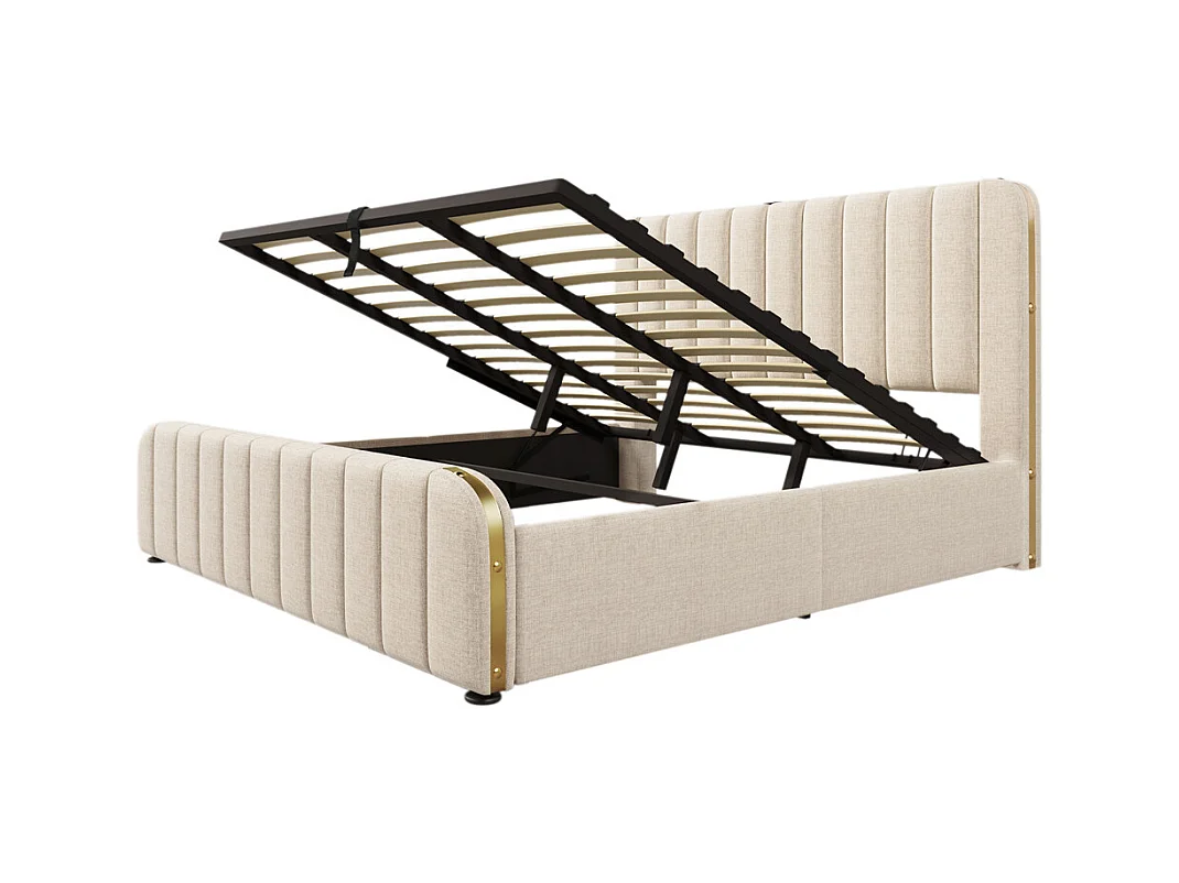 Hydraulisch gestoffeerd bed 180x200 cm, tweepersoonsbed, bed met opbergruimte, hoofdbord met USB Type-C oplaadfunctie, linnen, beige