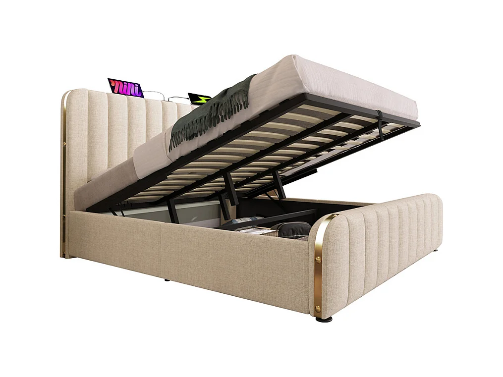 Hydraulisch gestoffeerd bed 180x200 cm, tweepersoonsbed, bed met opbergruimte, hoofdbord met USB Type-C oplaadfunctie, linnen, beige