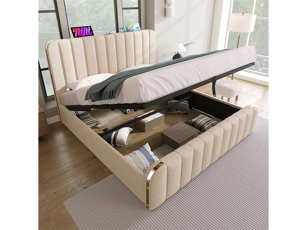 Hydraulisch gestoffeerd bed 180x200 cm, tweepersoonsbed, bed met opbergruimte, hoofdbord met USB Type-C oplaadfunctie, linnen, beige
