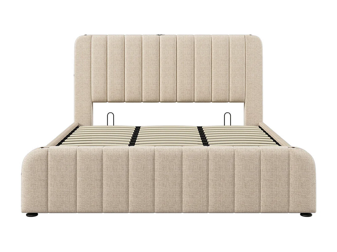 Hydraulisch gestoffeerd bed 180x200 cm, tweepersoonsbed, bed met opbergruimte, hoofdbord met USB Type-C oplaadfunctie, linnen, beige