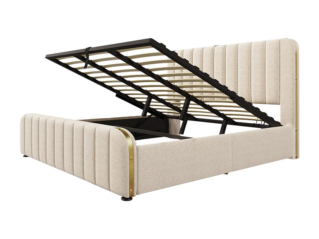 Hydraulisch gestoffeerd bed 180x200 cm, tweepersoonsbed, bed met opbergruimte, hoofdbord met USB Type-C oplaadfunctie, linnen, beige