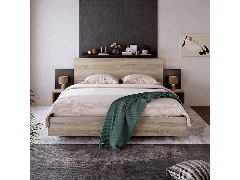 Tweepersoonsbed van massief hout 160x200cm, met 2 nachtkastjes, donker sonomagris eiken