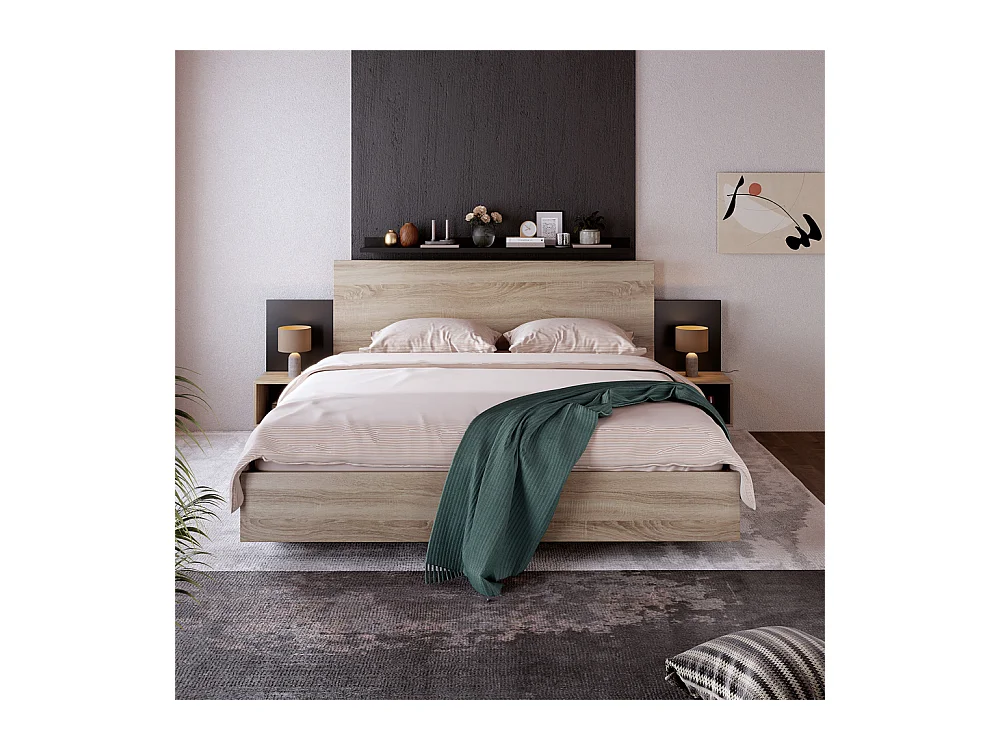 Tweepersoonsbed van massief hout 160x200cm, met 2 nachtkastjes, donker sonomagris eiken