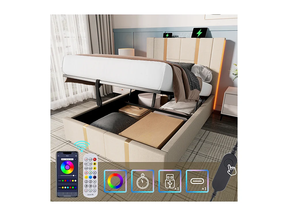 Lit adulte lit 90x200 cm lit rembourré lit de rangement lit sommier à lattes en bois Single lin beige