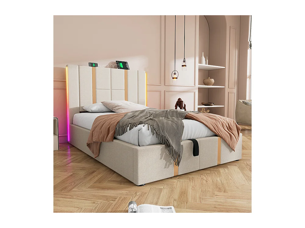 Lit adulte lit 90x200 cm lit rembourré lit de rangement lit sommier à lattes en bois Single lin beige