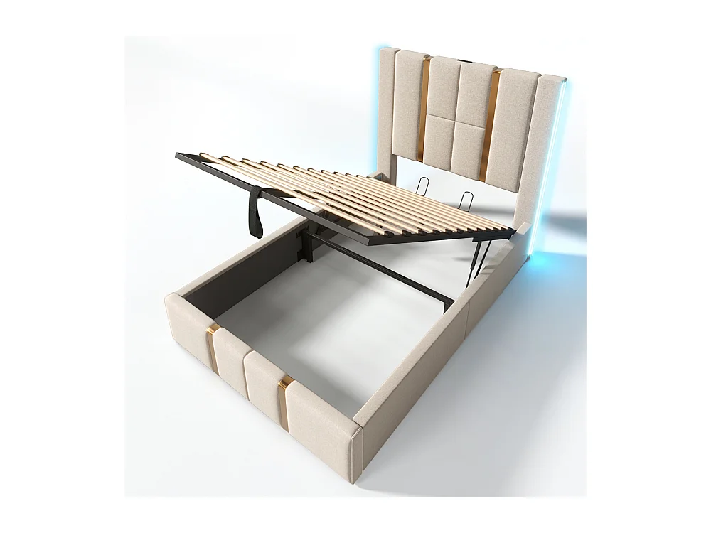 Lit adulte lit 90x200 cm lit rembourré lit de rangement lit sommier à lattes en bois Single lin beige