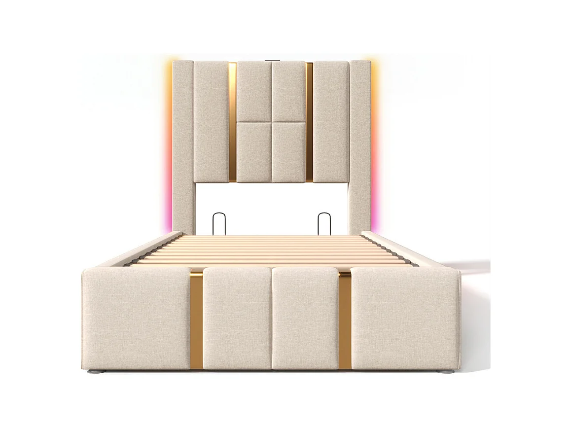 Lit adulte lit 90x200 cm lit rembourré lit de rangement lit sommier à lattes en bois Single lin beige