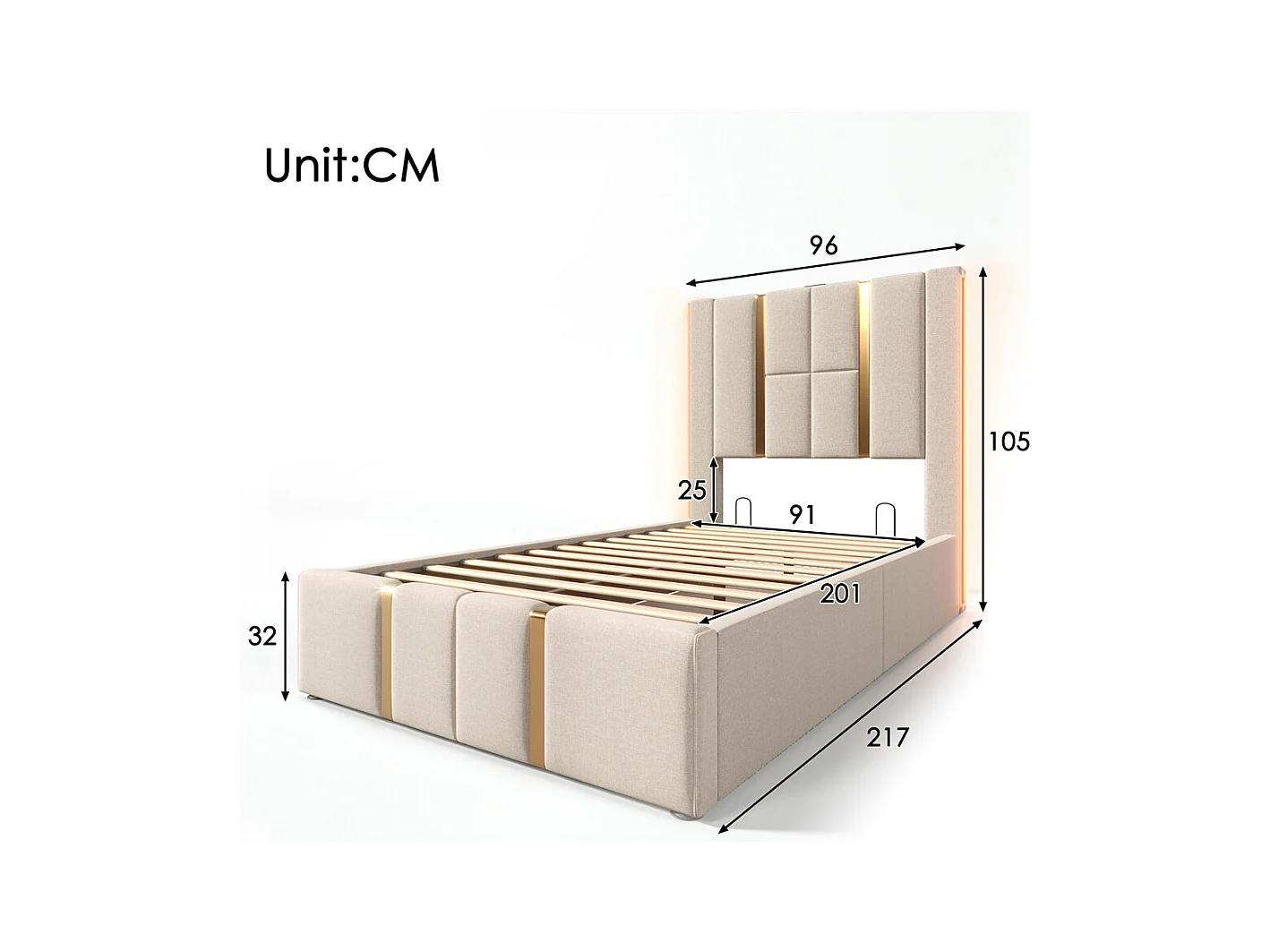 Lit adulte lit 90x200 cm lit rembourré lit de rangement lit sommier à lattes en bois Single lin beige