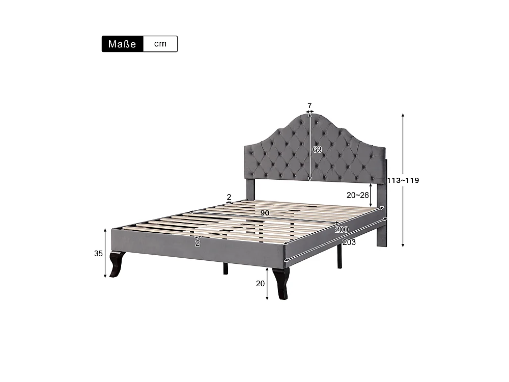 Volwassen bed houten lattenbodem bed 90x200 cm gestoffeerd bed Eenpersoonsbed grijs fluweel