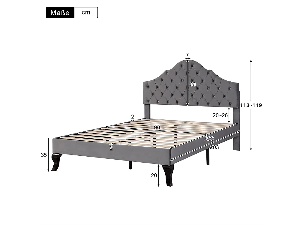 Volwassen bed houten lattenbodem bed 90x200 cm gestoffeerd bed Eenpersoonsbed grijs fluweel