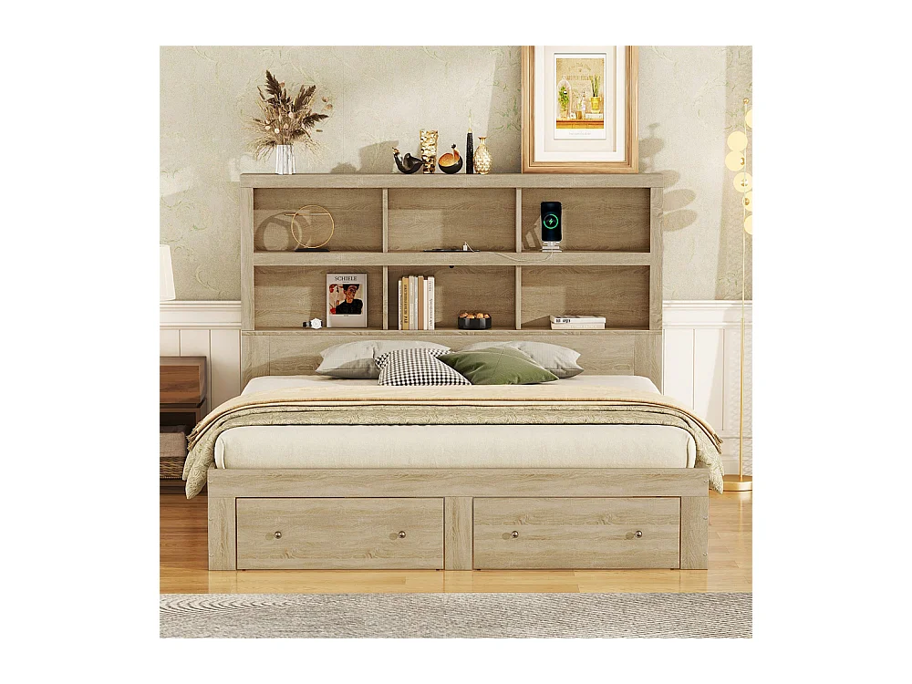 Lit adulte lit 160x200 cm avec deux tiroirs avec rangement tête de lit lit double panneau de particules Neutral