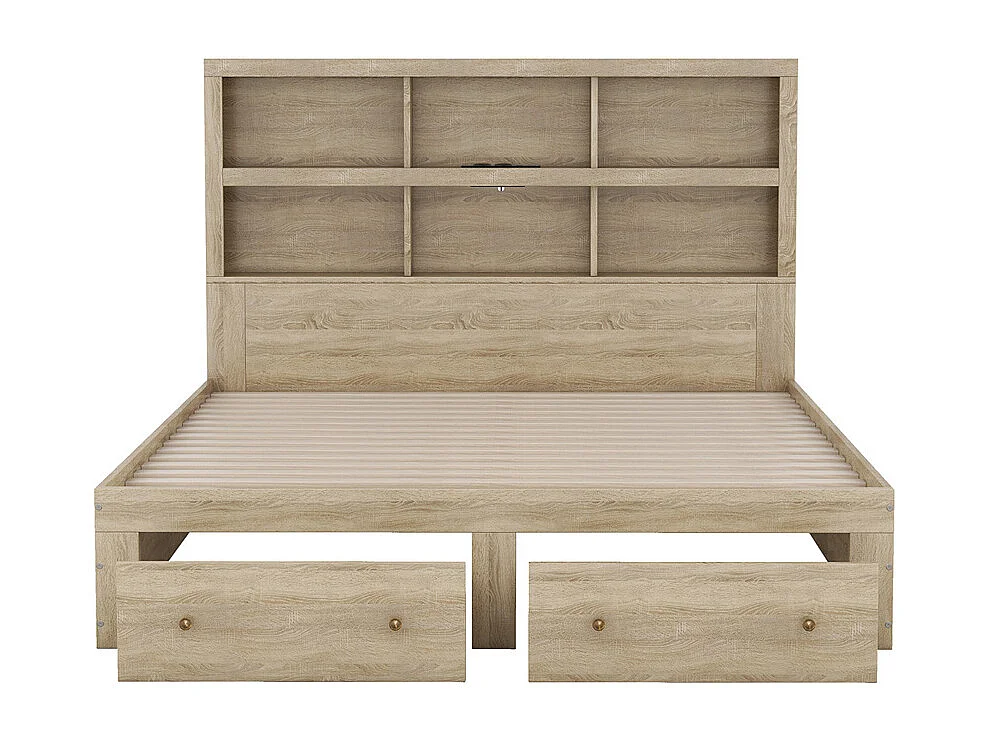 Lit adulte lit 160x200 cm avec deux tiroirs avec rangement tête de lit lit double panneau de particules Neutral