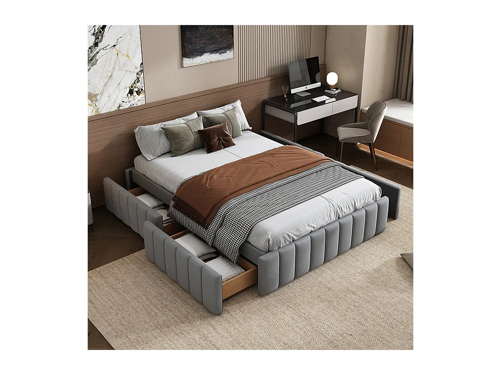 Volwassen bed 140x200 cm gestoffeerd bed met 4 lades Eenpersoonsbed grijs fluweel