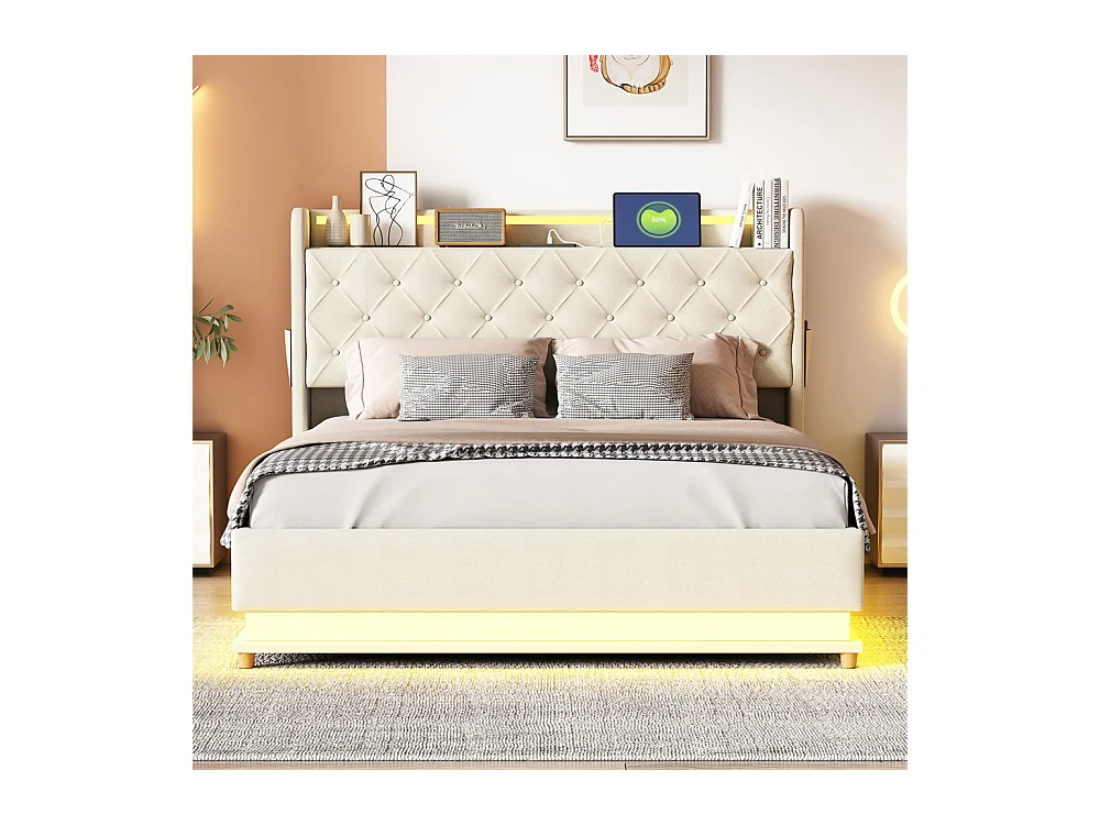 Volwassen bed 140x200 cm bed led gewatteerd hydraulisch tweepersoonsbed beige linnen