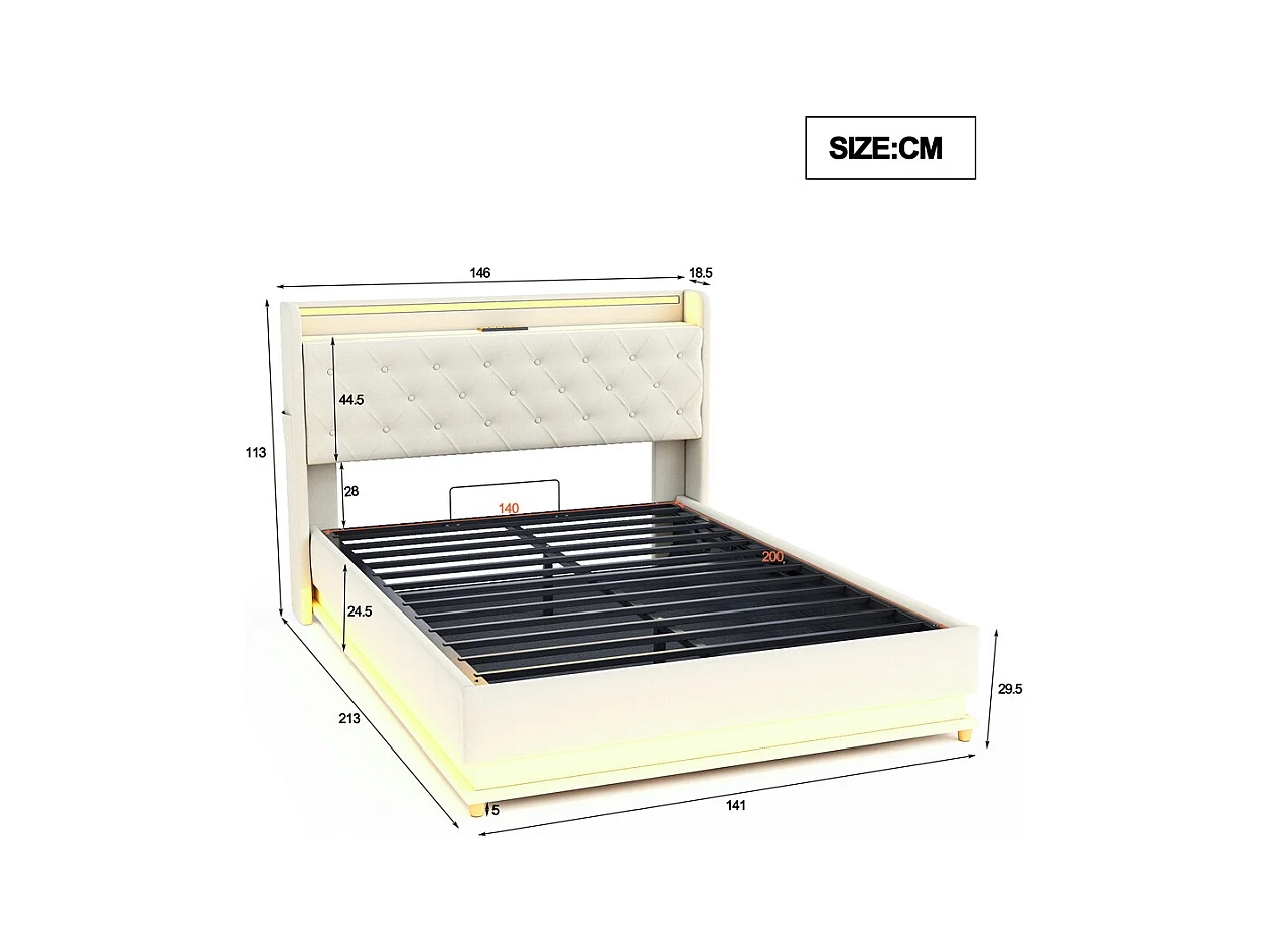 Volwassen bed 140x200 cm bed led gewatteerd hydraulisch tweepersoonsbed beige linnen