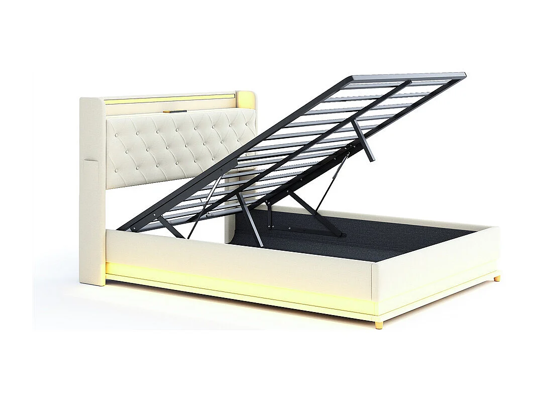 Volwassen bed 140x200 cm bed led gewatteerd hydraulisch tweepersoonsbed beige linnen