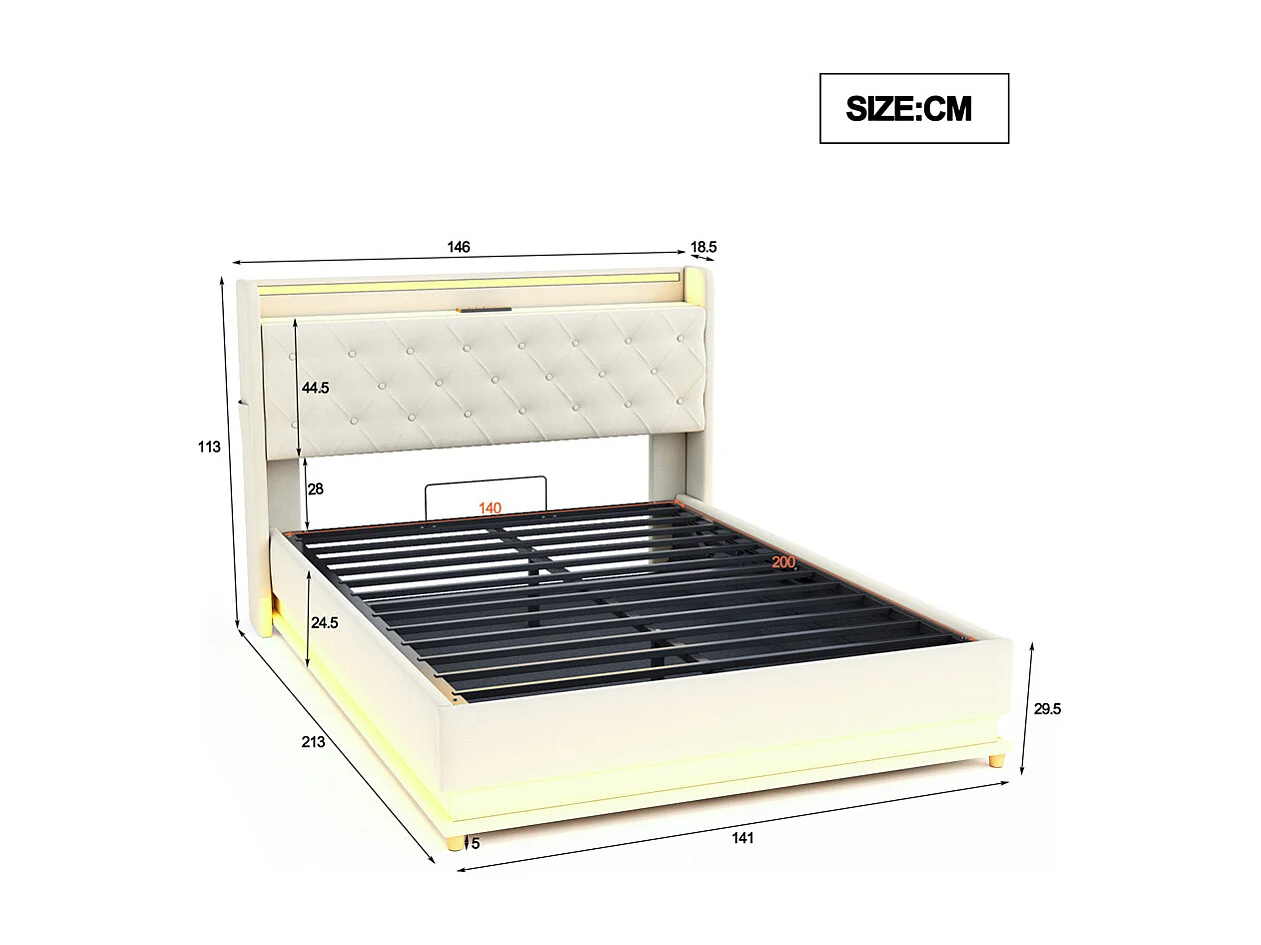 Volwassen bed 140x200 cm bed led gewatteerd hydraulisch tweepersoonsbed beige linnen