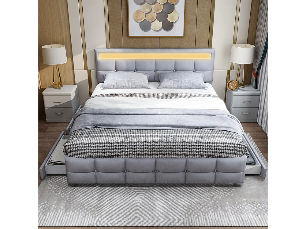 Volwassen bed 180x200 cm bed LED-gestoffeerd bed 4 laden bed lattenbodem tweepersoonsbed grijs fluweel