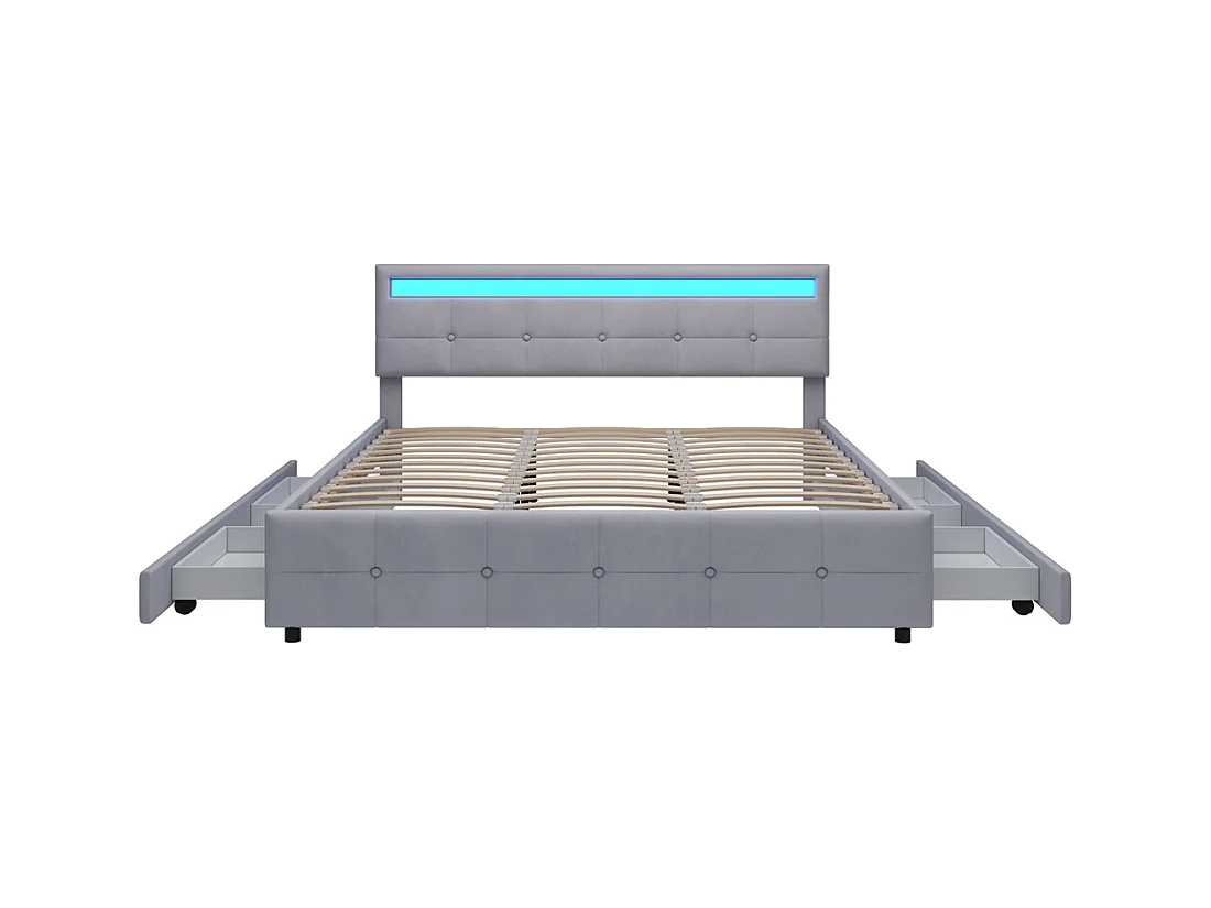 Volwassen bed 180x200 cm bed LED-gestoffeerd bed 4 laden bed lattenbodem tweepersoonsbed grijs fluweel