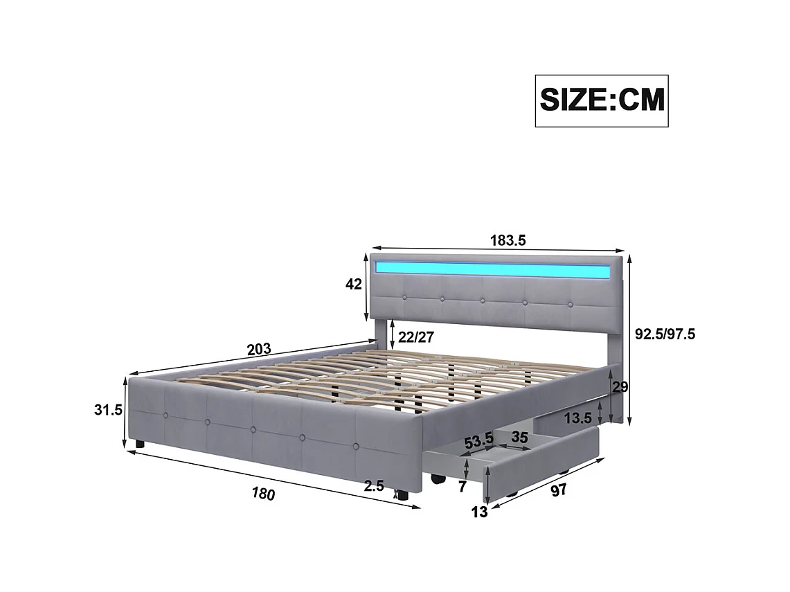 Volwassen bed 180x200 cm bed LED-gestoffeerd bed 4 laden bed lattenbodem tweepersoonsbed grijs fluweel