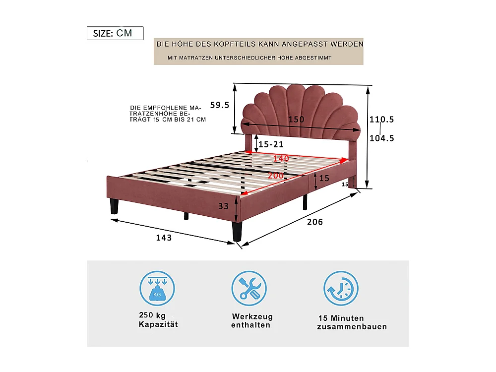 Lit adulte lit 140x200 cm lit rembourré lit cadre à lamelles lit double velours pâte de haricot rouge