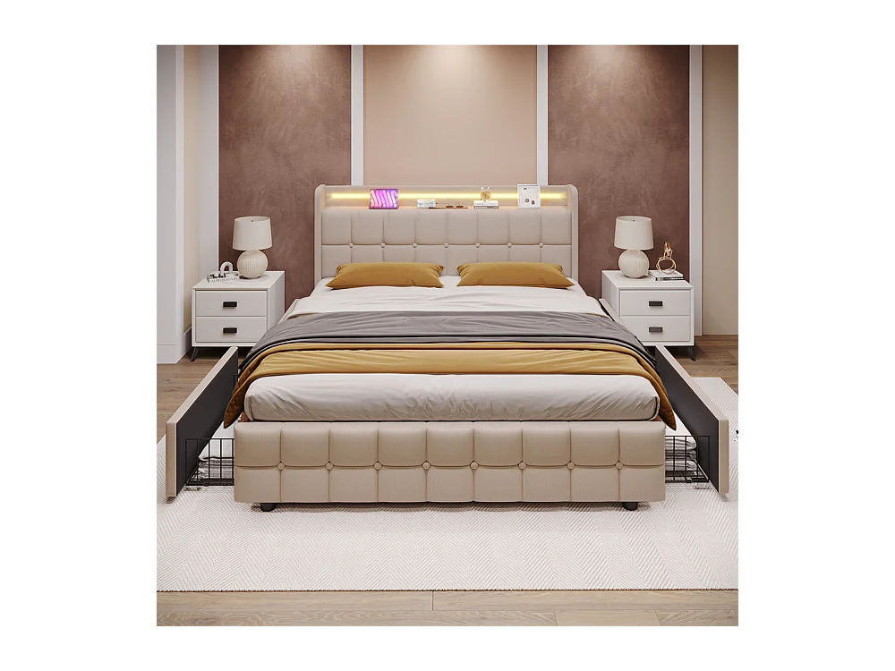 Lit rembourré 180x200cm lit de rangement lit 4 tiroirs lit éclairage led lit sommier à lattes en bois lit double lin beige