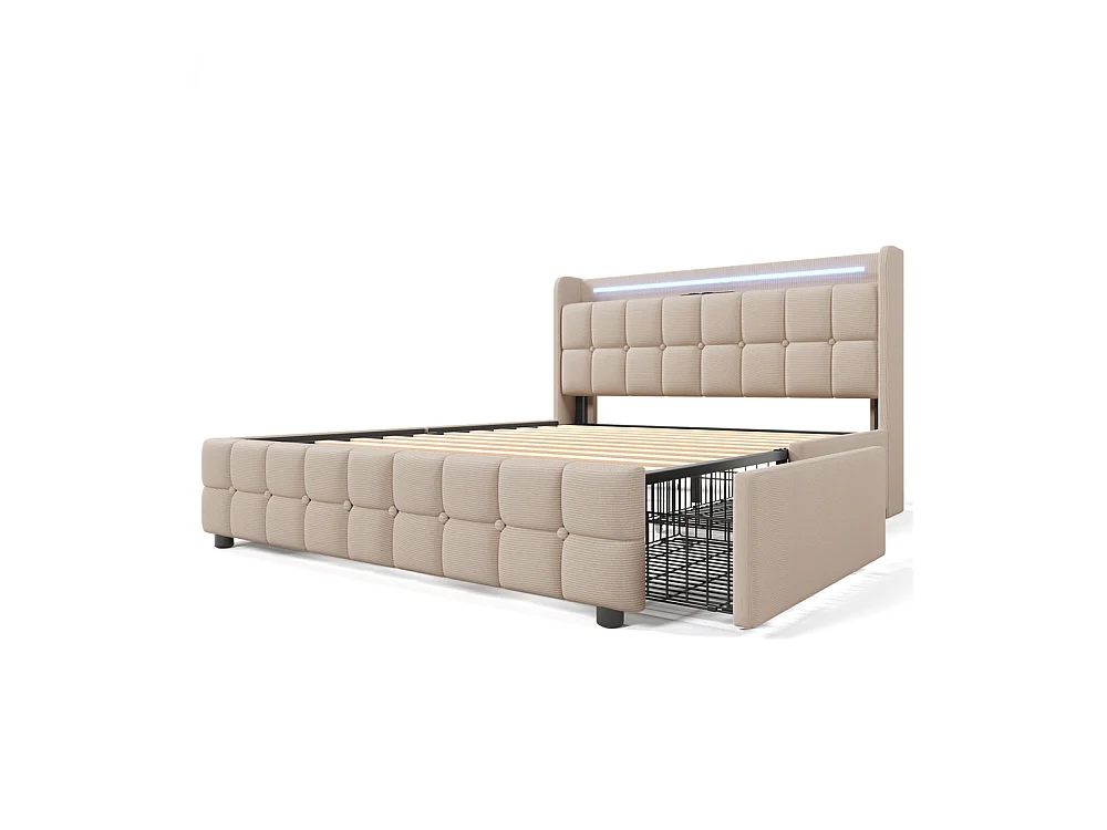 Lit rembourré 180x200cm lit de rangement lit 4 tiroirs lit éclairage led lit sommier à lattes en bois lit double lin beige