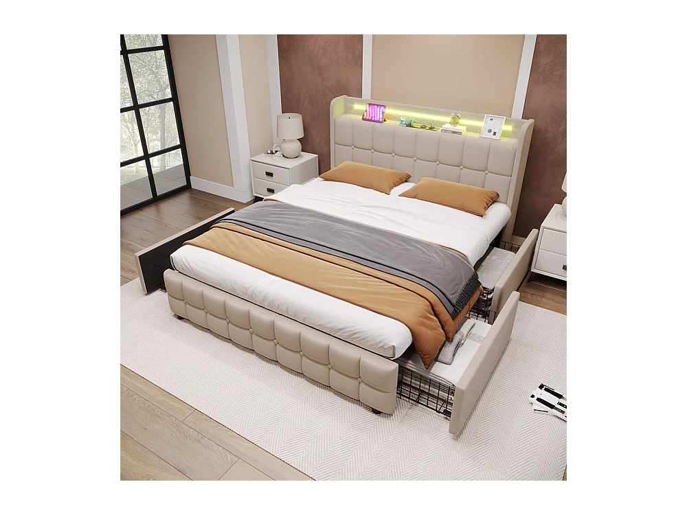 Lit rembourré 180x200cm lit de rangement lit 4 tiroirs lit éclairage led lit sommier à lattes en bois lit double lin beige