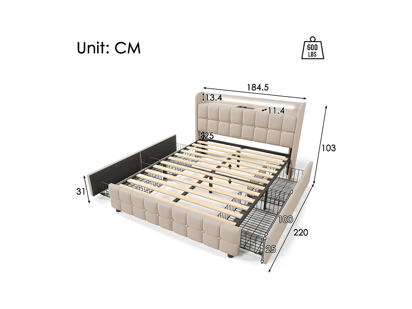 Lit rembourré 180x200cm lit de rangement lit 4 tiroirs lit éclairage led lit sommier à lattes en bois lit double lin beige