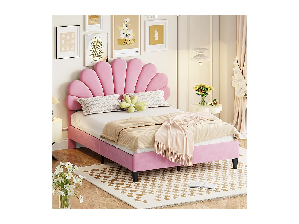 Lit adulte lit 140x200 cm lit rembourré lit cadre à lamelles lit double velours rose