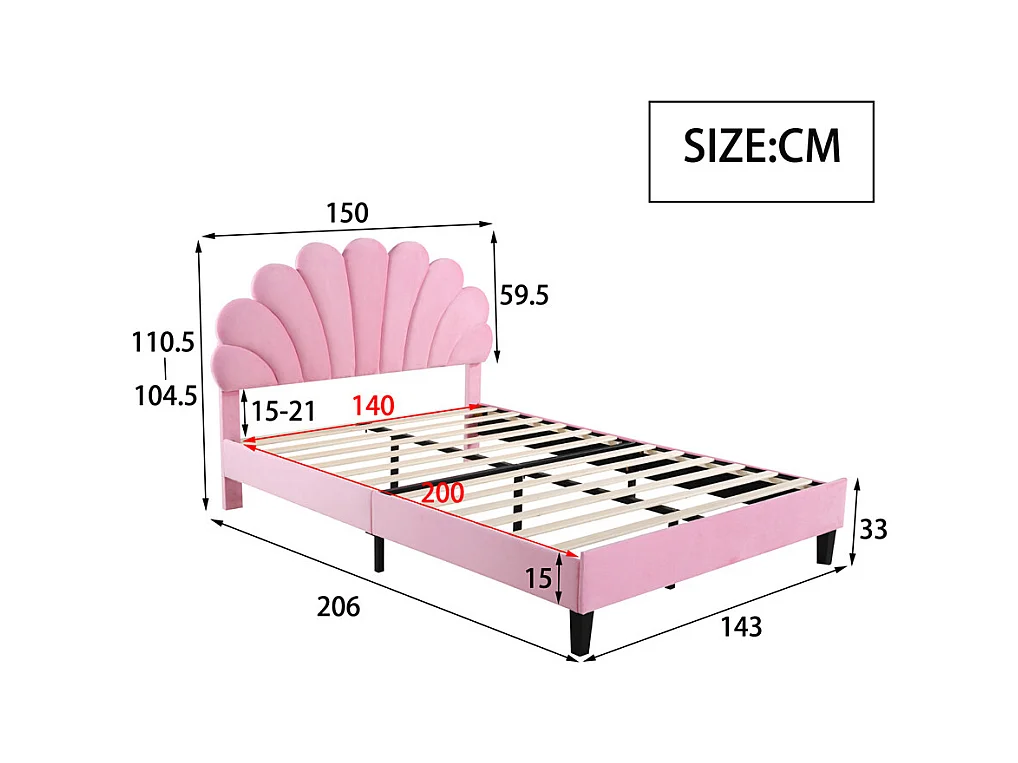 Lit adulte lit 140x200 cm lit rembourré lit cadre à lamelles lit double velours rose