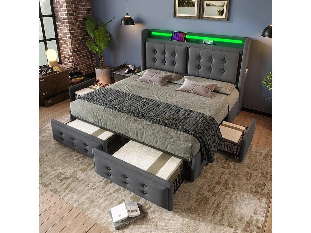 Volwassen bed 160x200 cm gestoffeerd bed 4 laden bed opbergbed met houten lattenbodem tweepersoonsbed katoen linnen grijs