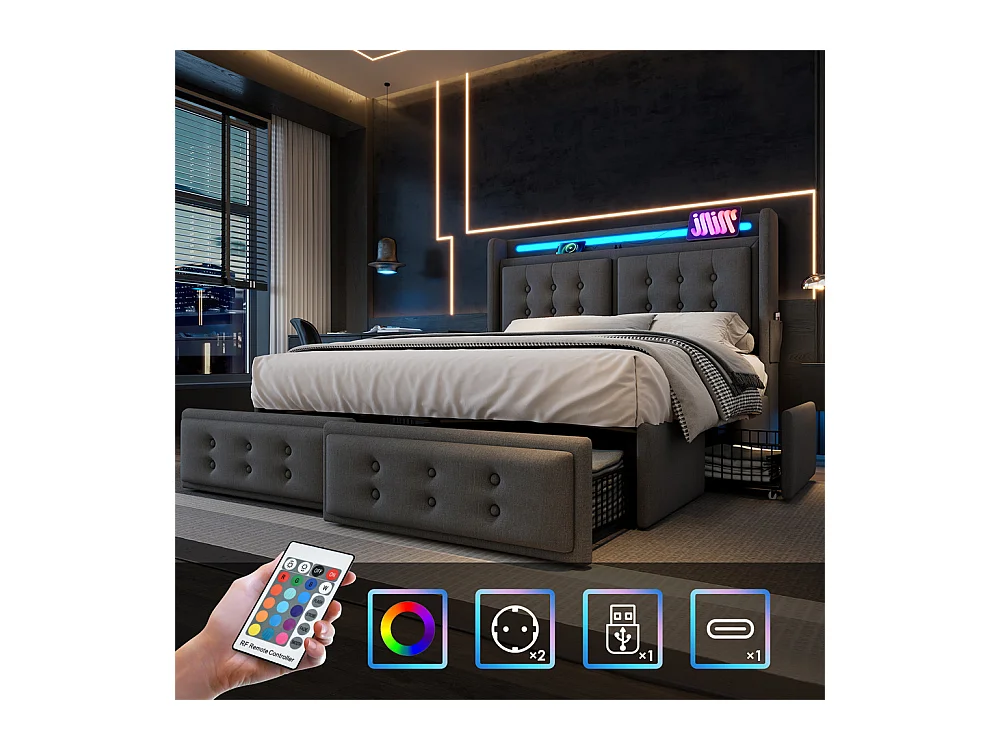 Volwassen bed 160x200 cm gestoffeerd bed 4 laden bed opbergbed met houten lattenbodem tweepersoonsbed katoen linnen grijs