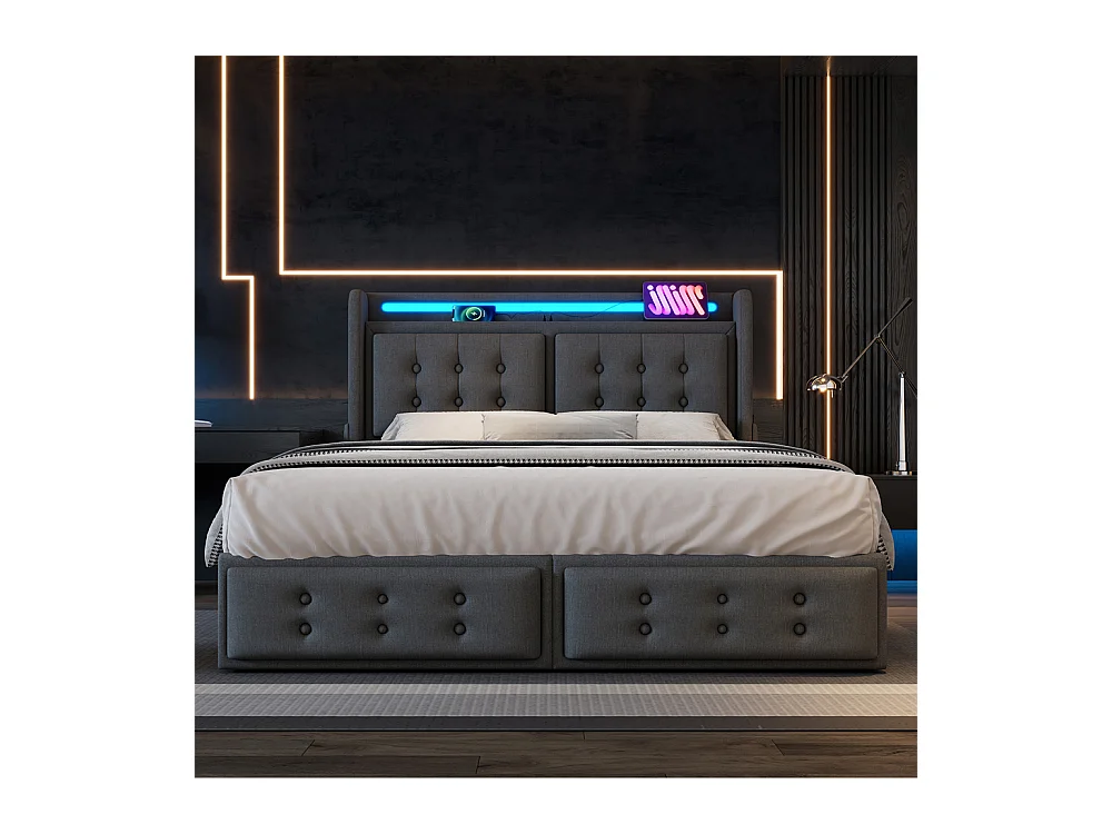 Volwassen bed 160x200 cm gestoffeerd bed 4 laden bed opbergbed met houten lattenbodem tweepersoonsbed katoen linnen grijs