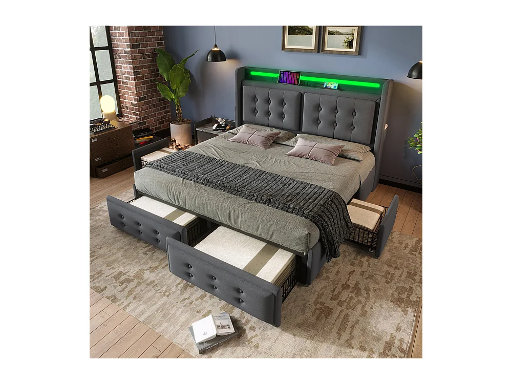 Volwassen bed 160x200 cm gestoffeerd bed 4 laden bed opbergbed met houten lattenbodem tweepersoonsbed katoen linnen grijs