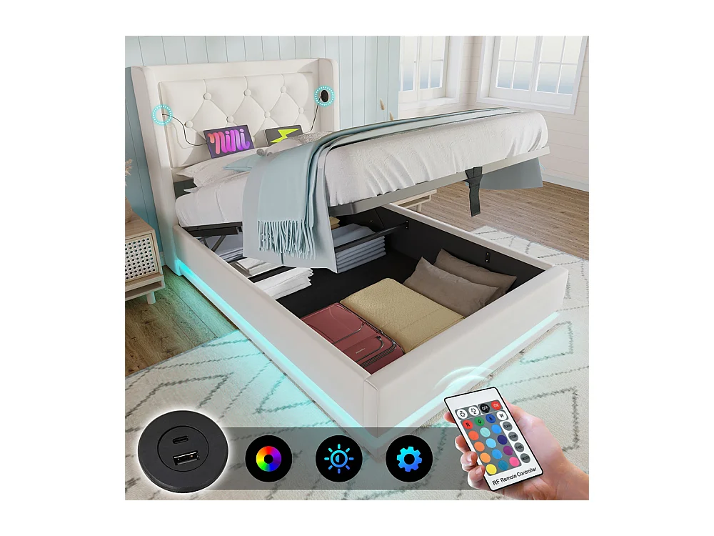 Volwassen bed 90x200 cm hydraulisch gestoffeerd bed Eenpersoonsbed met opbergruimte en USB type-C oplaadfunctie hoofdeinde PU wit