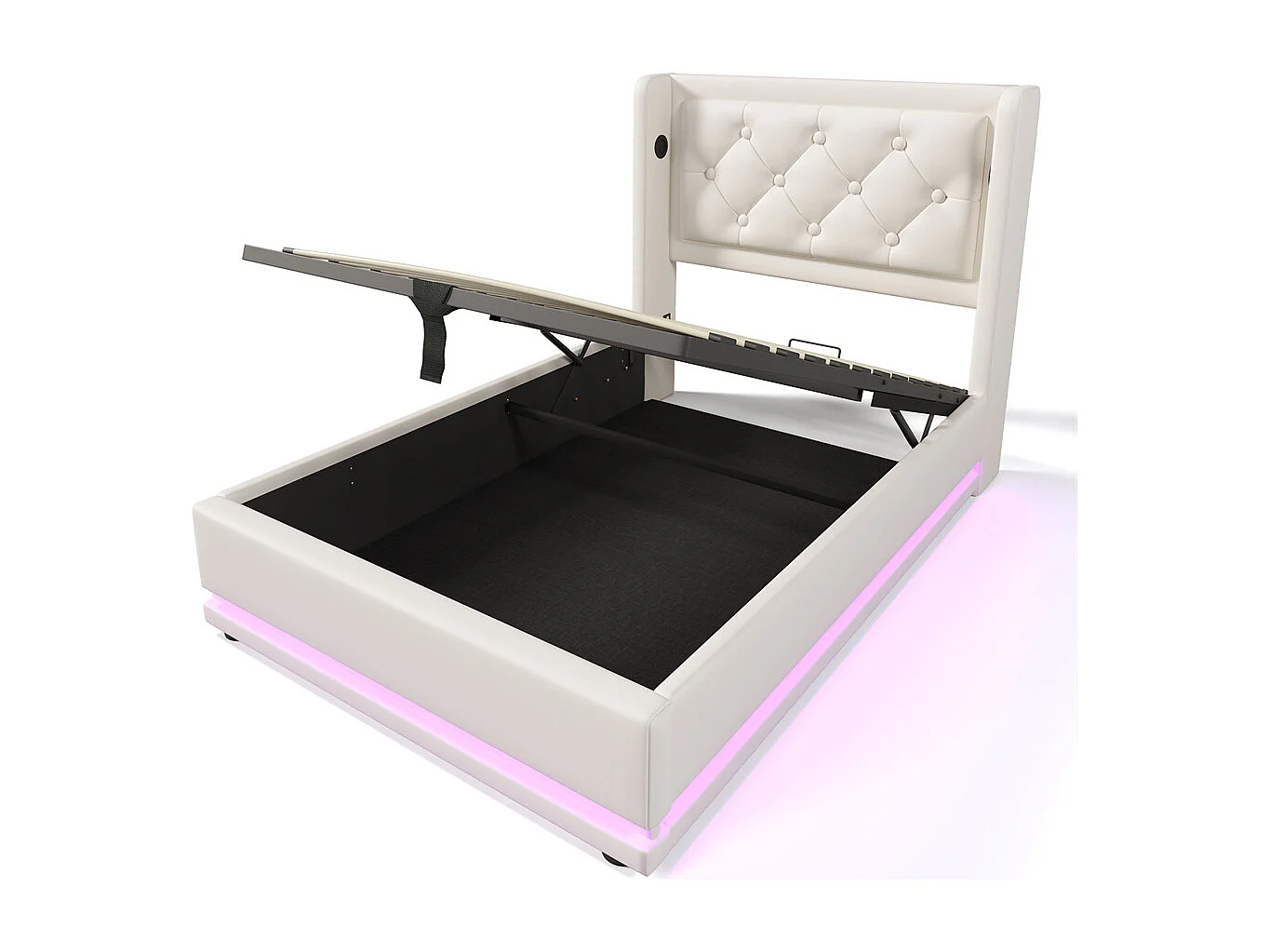 Volwassen bed 90x200 cm hydraulisch gestoffeerd bed Eenpersoonsbed met opbergruimte en USB type-C oplaadfunctie hoofdeinde PU wit