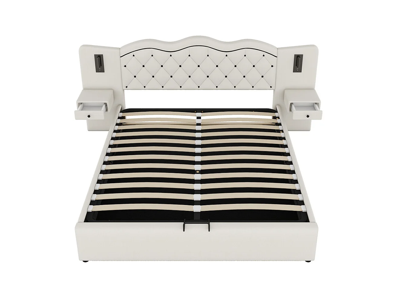 Lit adulte lit 180x200 cm lit rembourré hydraulique avec deux lampes de chevet lit double lin beige