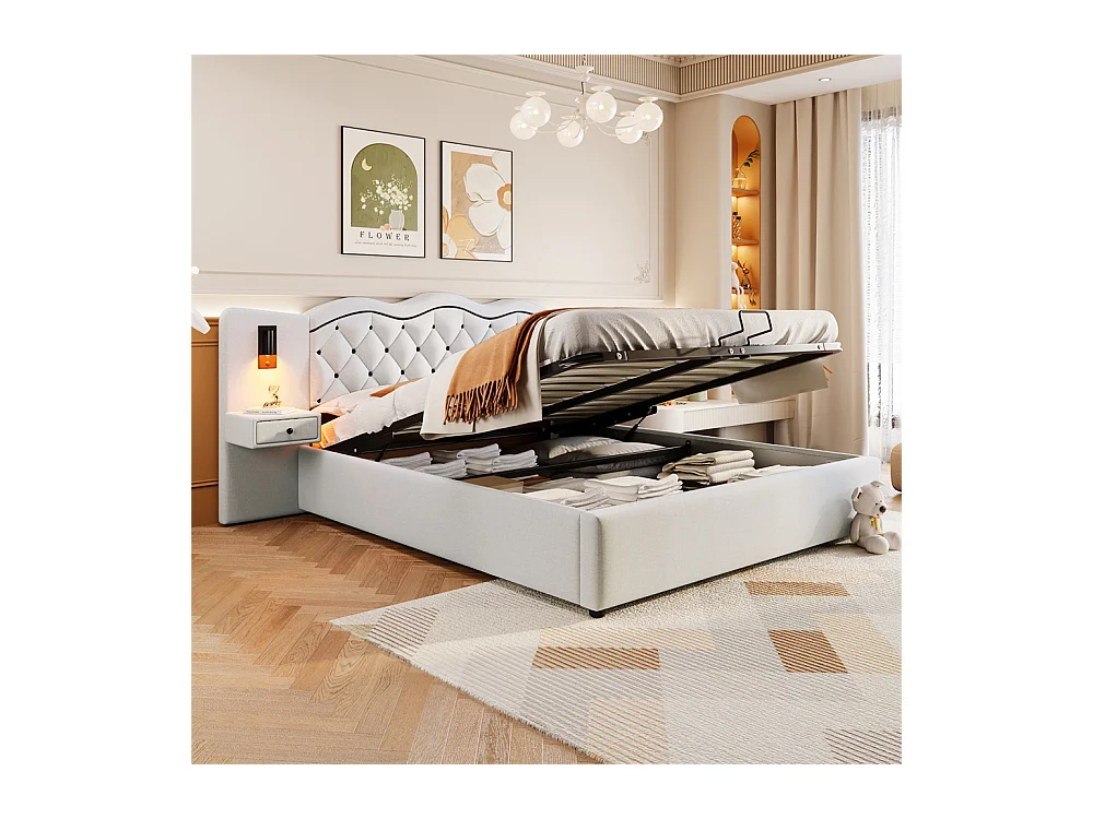 Lit adulte lit 180x200 cm lit rembourré hydraulique avec deux lampes de chevet lit double lin beige