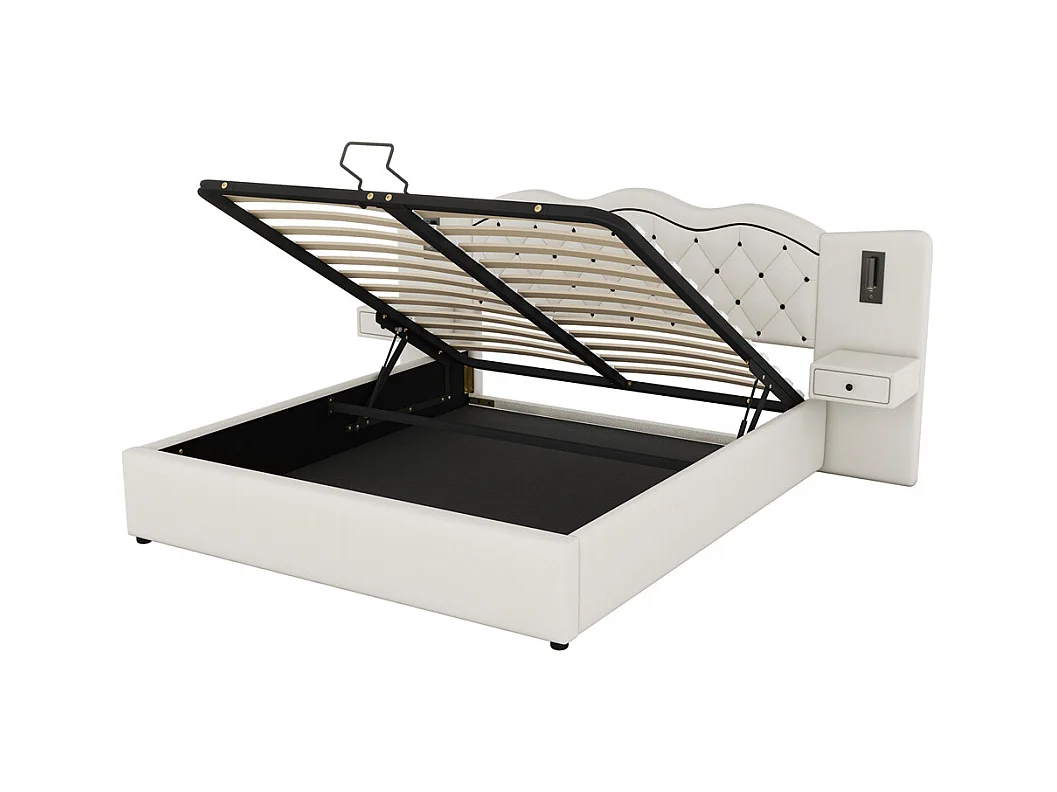 Lit adulte lit 180x200 cm lit rembourré hydraulique avec deux lampes de chevet lit double lin beige