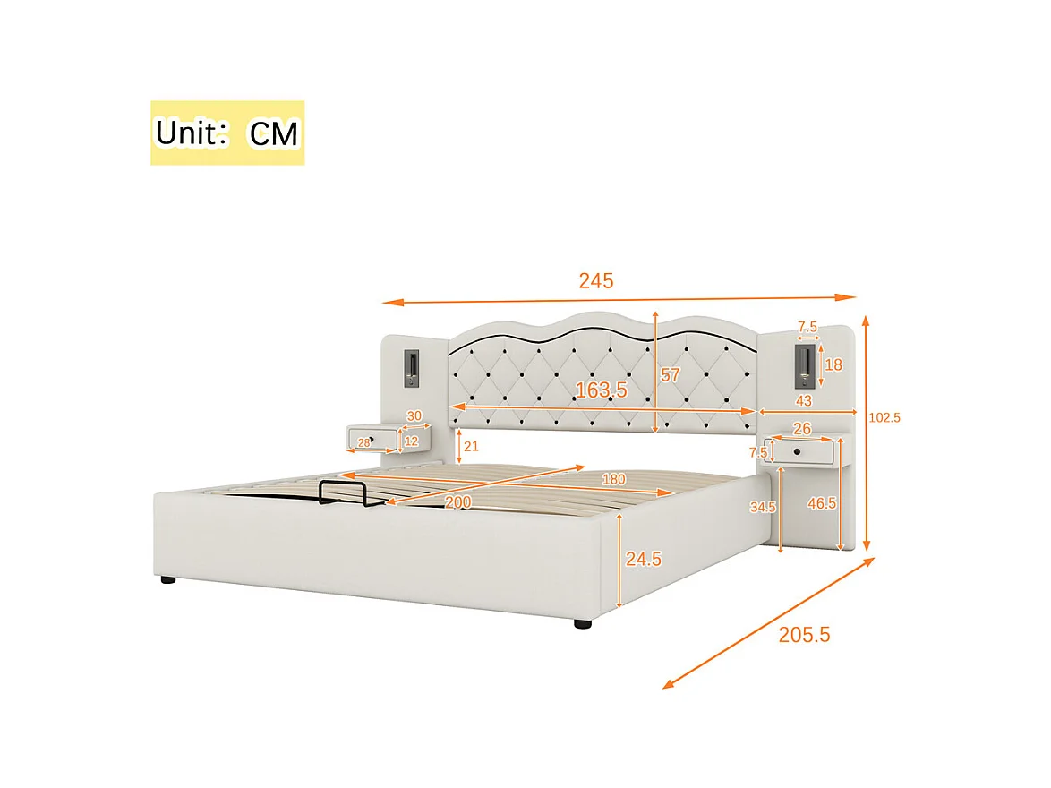 Lit adulte lit 180x200 cm lit rembourré hydraulique avec deux lampes de chevet lit double lin beige