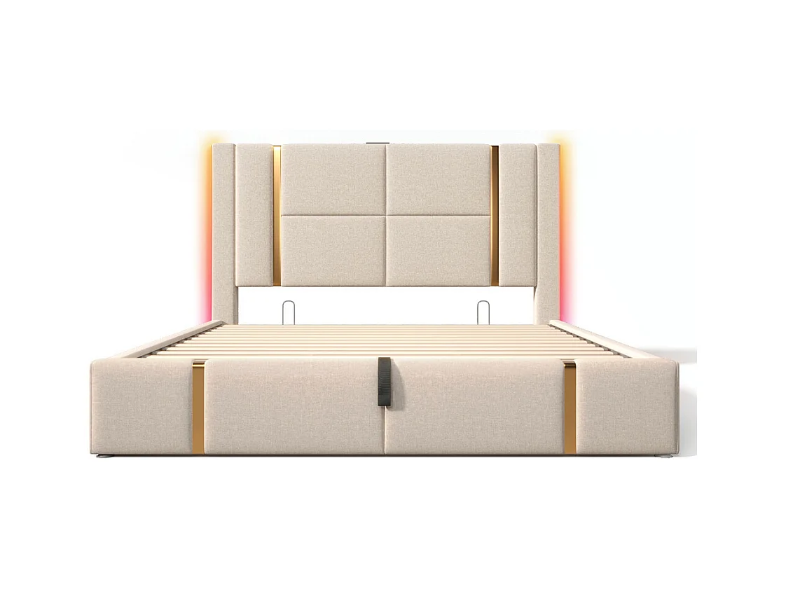 Lit adulte lit 160x200 cm lit rembourré lit de rangement lit sommier à lattes en bois lit double lin beige