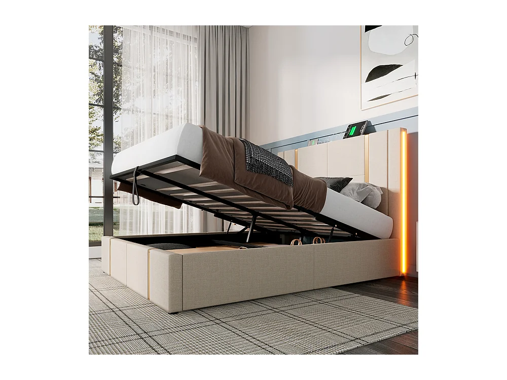 Lit adulte lit 160x200 cm lit rembourré lit de rangement lit sommier à lattes en bois lit double lin beige